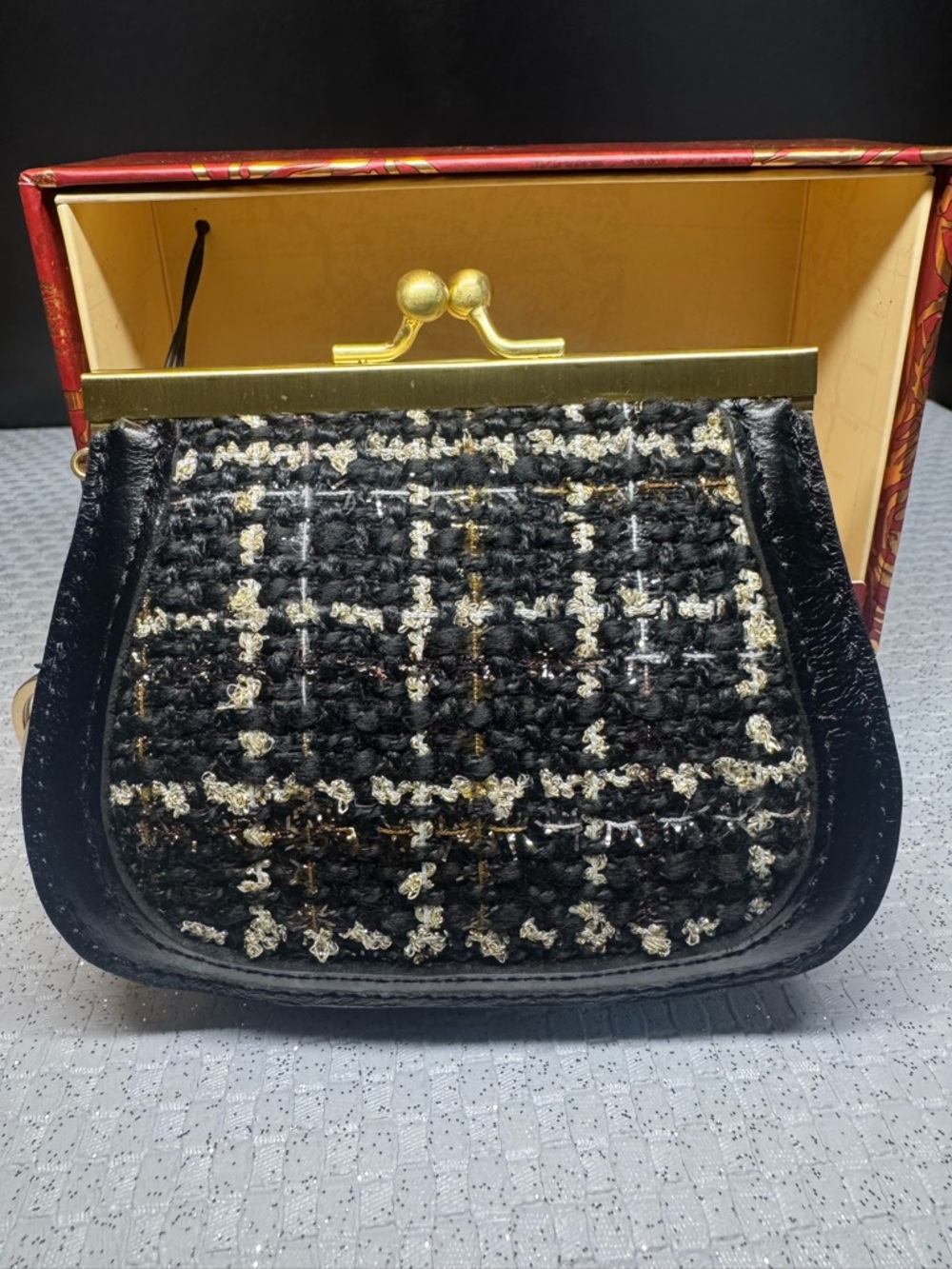Patricia Nash Black Tweed Frame Clutch with Gold Hardware